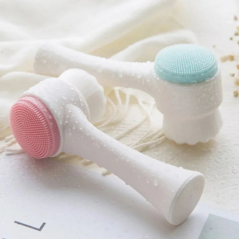 3D double silicone facial cleansing brush manual massage facial brush soft bristles exfoliator double sided face wash brush